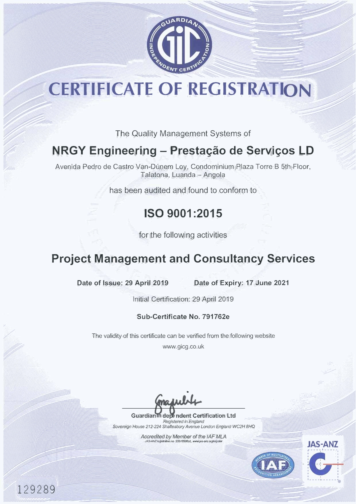 NRGY ENGINEERING-ISO 9001-2015 IAF JAS-ANZ